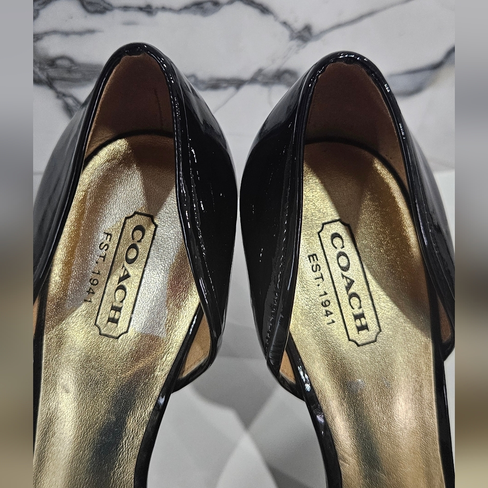 Authentic Coach Black and Gold Belinda Open Toe Heels Pumps US 7.5B - Picture 4 of 11